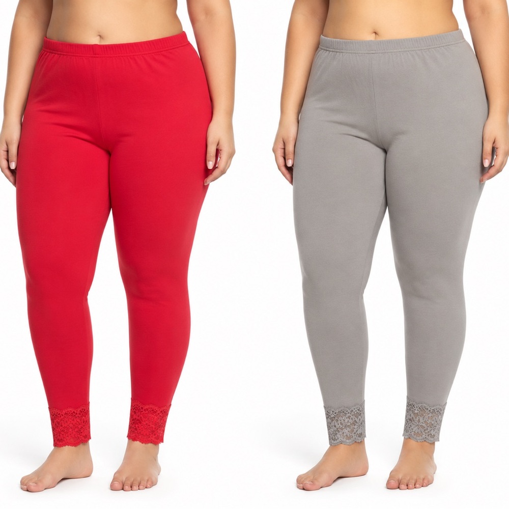 Plus Size Lace-Hem Leggings - Red & Gray-2 piece set